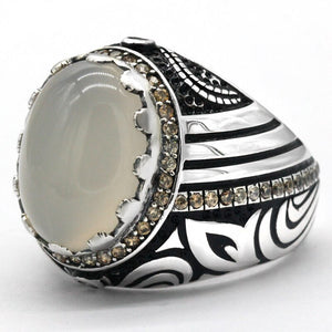 Men's 100% 925 Sterling Silver Agate Vintage Trendy Oval Ring