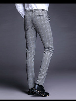 Men's Cotton Zipper Fly Closure Plaid Pattern Formal Wear Pants