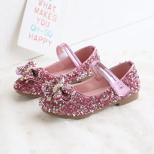 Kid's Girl PU Round Toe Glitter Sequined Wedding Bow-Knot Shoes