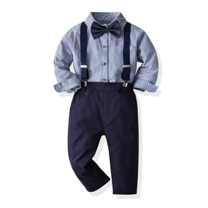 Kid's Cotton Turn-Down Collar Single Breasted Bow Tie Shirt Suit