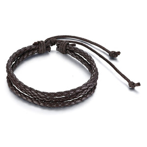 Men's Leather Criss Cross Chain Rope Pattern Adjustable Bracelet 