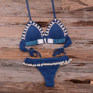 Women's Cotton Deep V-Neck Two Pieces Solid Pattern Bikini Set