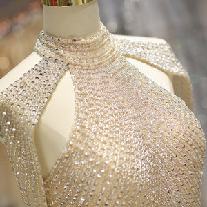 Women's Stand Neck Polyester Sleeveless Luxury Evening Dress