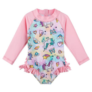 Baby's Spandex Full Sleeves One-Piece Unicorn Pattern Swimwear