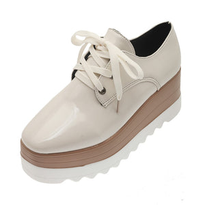 Women's PU Leather Pumps Round Toe Lace Up Casual Shoes