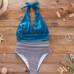 Women's Deep V-Neck Polyester Backless Beach One-Piece Swimsuit