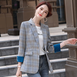 Women's Notched Collar Full Sleeves Single Breasted Plaid Blazers