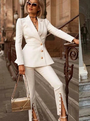 Women's Cotton Notched Collar Single Breasted Two-Piece Suit