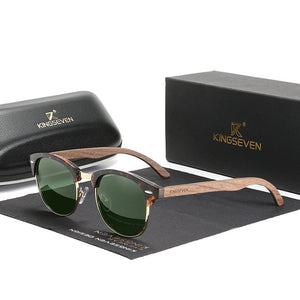 Men's Round Lens Wooden Semi Rimless Frame Polarized Sunglasses