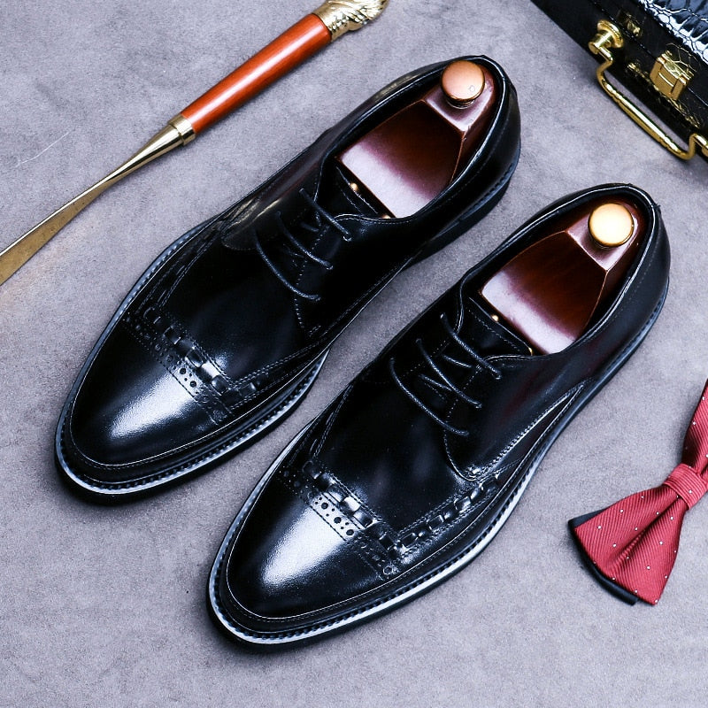 Men's Genuine Leather Pointed Toe Lace-Up Casual Dress Shoes