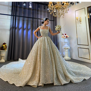 Women's Square Neck Sleeveless Lace Up Luxury Bridal Wedding Dress