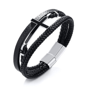 Men's Leather Cross Cuff Round Pattern Trendy Charm Bracelet