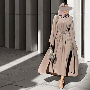 Women's Arabian O-Neck Polyester Full Sleeves Elegant Open Abaya