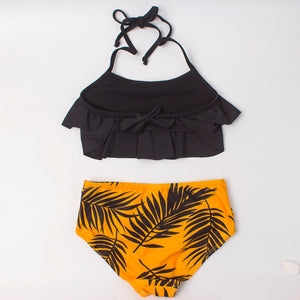 Kid's Girl Spandex Mid Waist Bathing Printed Swimwear Bikini Set