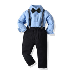 Kid's Cotton Turn-Down Collar Single Breasted Bow Tie Shirt Suit