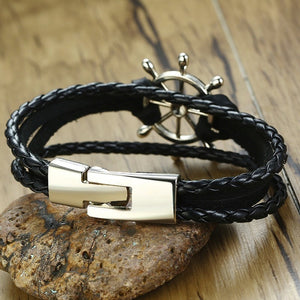Men's Genuine Leather Hook Clasp Elegant Round Chain Bracelet