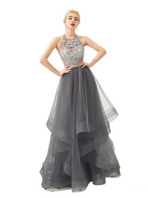 Women's Polyester Sleeveless Beaded Crystal Luxury Prom Dress