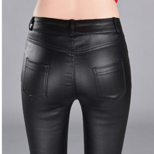 Women's Faux Leather High Waist Button Fly Closure Solid Pants
