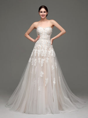 Women's Lace Sweetheart Neck Sleeveless Bride Gown A-Line Dress