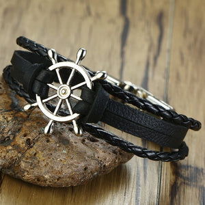 Men's Genuine Leather Hook Clasp Elegant Round Chain Bracelet
