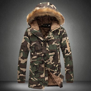 Men's Fur Hooded Camouflage Pattern Militry Overcoat Jacket