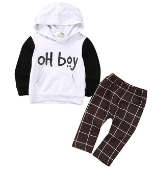 Baby's Boy Hooded Collar Long Sleeve Shirt With Plaid Pants Set