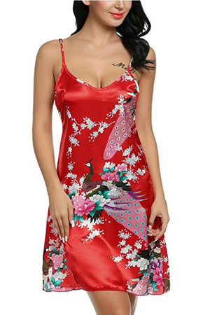 Women's Silk Spaghetti Strap Nightgowns Printed Sleepwear Dress