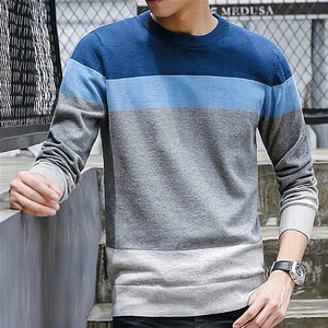 Men's O-Neck Long Sleeves Striped Pattern Slim Fit Sweater