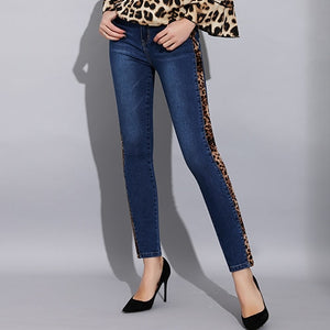 Women's Full Length High Waist Leopard Print Skinny Denim Pants