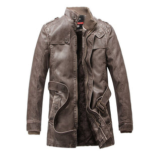 Men's PU Leather Full Sleeves Thick Long Trench Winter Jacket