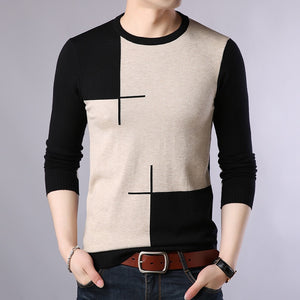Men's O-Neck Polyester Long Sleeves Box Pattern Casual Sweater