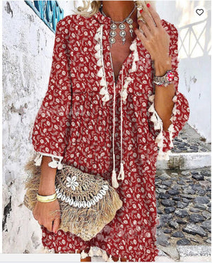 Women's V-Neck Cotton Full Sleeves Printed Vintage Casual Dress