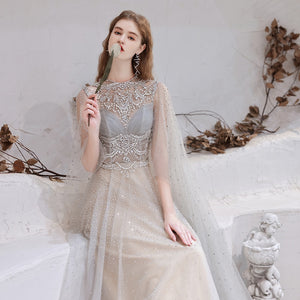 Women's O-Neck Polyester Full Sleeves Luxury Crystal Maxi Dress