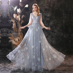 Women's Polyester V-Neck Embroidery Pattern Formal Lace Gown