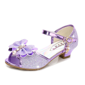 Kid's Peep Toe PU Square Heels Butterfly-Knot Shiny Wedding Shoes