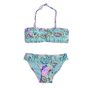 Kid's Girl Spandex Mid Waist Bathing Printed Swimwear Bikini Set