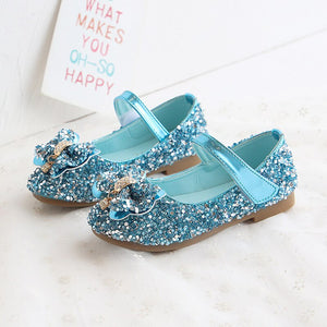 Kid's Girl PU Round Toe Glitter Sequined Wedding Bow-Knot Shoes