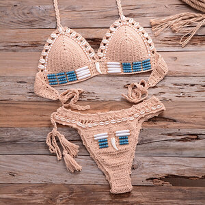 Women's Cotton Deep V-Neck Two Pieces Solid Pattern Bikini Set