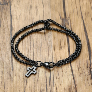 Men's Stainless Steel Box Chain Double Layer Cross Bracelet
