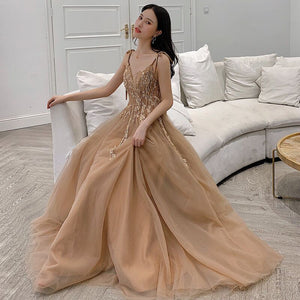 Women's Deep V-Neck Polyester Floor-Length Prom Party Dress