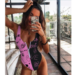 Women's O-Neck Front Zipper Closure Printed One-Piece Swimsuit