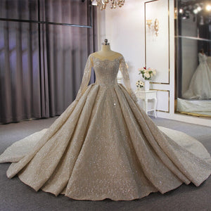 Women's Square Neck Full Sleeves Lace Up Luxury Wedding Dress