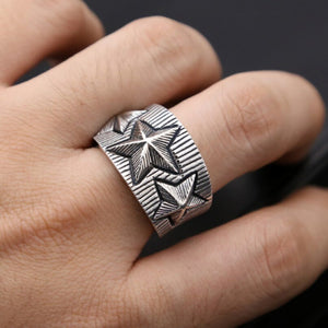 Men's 100% 925 Sterling Silver Star Pattern Pentagram Ring 