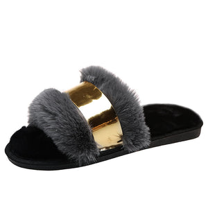Women's Flock Plush Flat Heel Elegant Winter Casual Slippers