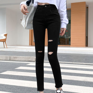 Women's High Elastic Waist Slim Fit Ripped Denim Casual Jeans