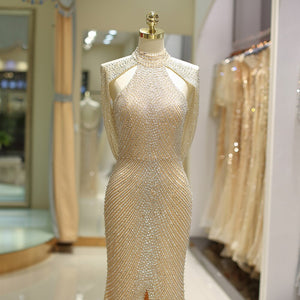 Women's Stand Neck Polyester Sleeveless Luxury Evening Dress