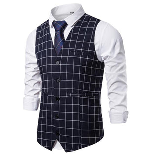 Men's V-Neck Polyester Slim Fit Gentleman Vintage Plaid Suit Vest