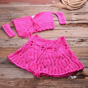Women's Cotton Off Shoulder Two Pieces Knitted Solid Bikini Set
