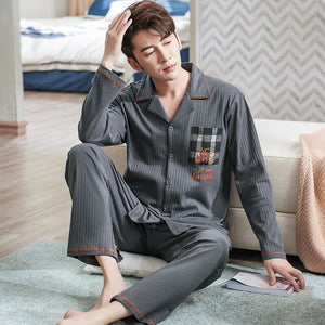 Men's Cotton Turndown Collar Button Closure Pajamas Sleepwear Set