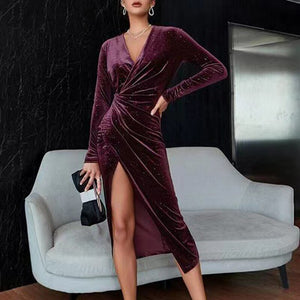 Women's Polyester Full Sleeve Solid Pattern Pullover Sexy Dress